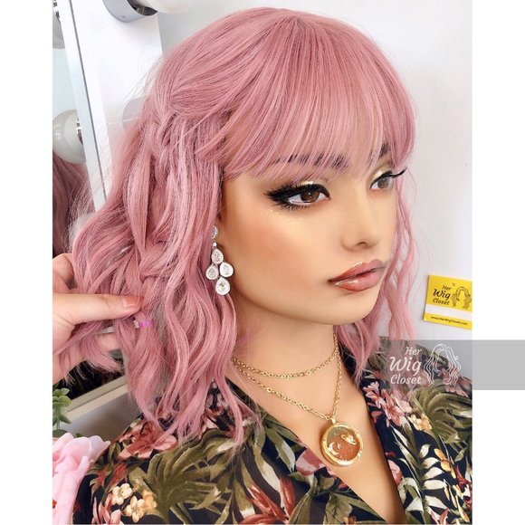 12" Dusty Rose Wavy Bob Wig with Bangs | Katy - Picture 1 of 10
